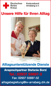 Banner zeigt Kontaktdaten und altersunterstützende Leistungen in Arnsberg und Sundern, bietet direkte Informationen für Senioren und Angehörige.