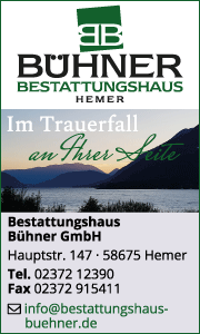 Werbebanner Bestattungshaus Bühner GmbH Hemer mit Kontaktdaten, Leistungen wie Erd-, Feuer- und Baumbestattungen sowie einfühlsamer Trauerbegleitung.