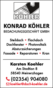 Banner der Köhler Bedachungen Meinerzhagen zeigt Leistungen wie Dachsanierung, Reparatur und Abdichtung sowie Kontaktmöglichkeiten für Kunden.