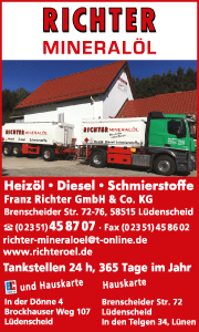 Banner von Richter Mineralöl Lüdenscheid mit Leistungsinfos und Kontaktdaten für Heizöllieferung und Energieversorgung.