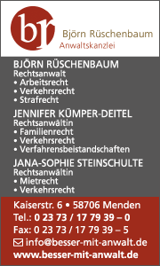 Banner der Anwaltskanzlei Björn Rüschenbaum in Menden mit Kontaktdaten und Infos zu rechtlichen Dienstleistungen wie Kündigungsschutz und Arbeitsrecht.
