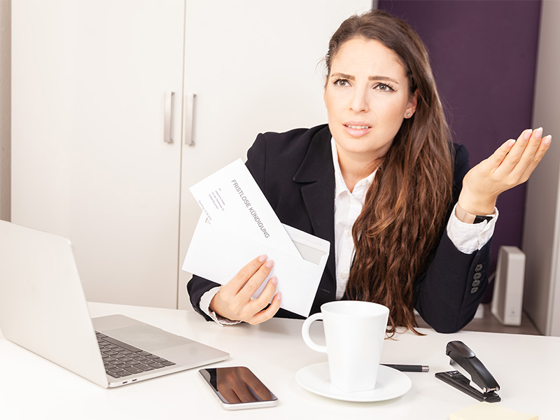 Frau hält Kündigungsschreiben in der Hand nach Kündigung und Mahnung, symbolisiert rechtliche Unsicherheit in Menden.