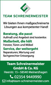 Banner mit Kontaktdaten und Leistungsinfos von Team Schreinermeister – individuelle Möbel und Schreinerarbeiten nach Maß.