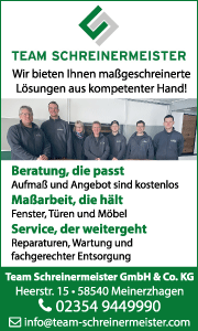 Banner mit Kontaktdaten und Leistungsinfos von Team Schreinermeister – individuelle Möbel und Schreinerarbeiten nach Maß.