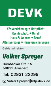 Banner der DEVK Arnsberg mit Kontaktdaten und Übersicht zu Versicherungen, Altersvorsorge, Geldanlage und Familienabsicherung.